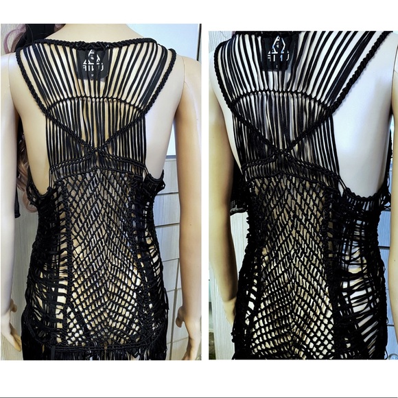 UNIF black fringed crochet macrame layering dress - Picture 4 of 8